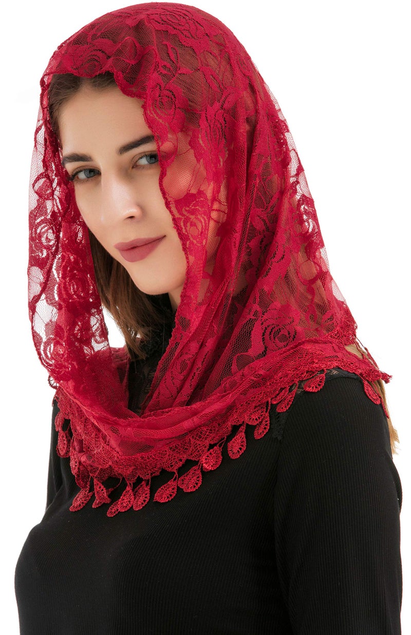 PAMOR Mass Veil Triangle Mantilla Cathedral Head Covering Chapel Veil Lace Shawl Latin Scarf (Maroon) - Image 2